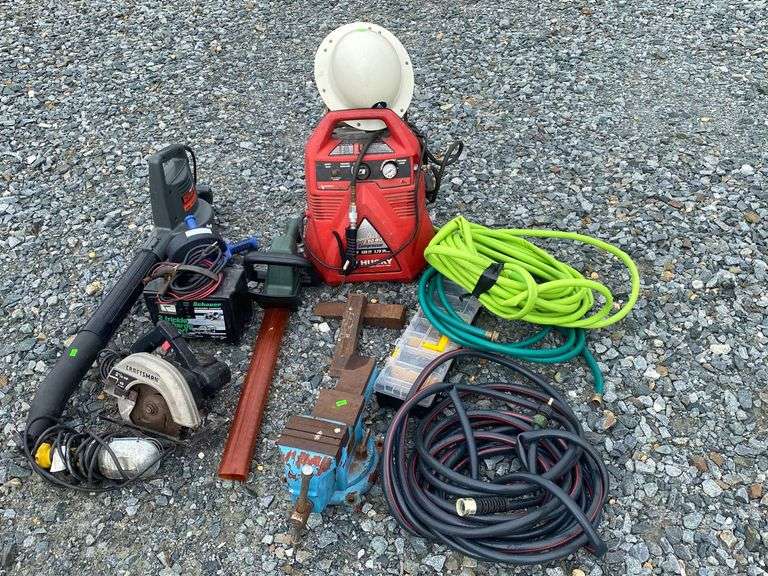Lot power tools, battery charger, air compressor, hoses etc. Dixon's