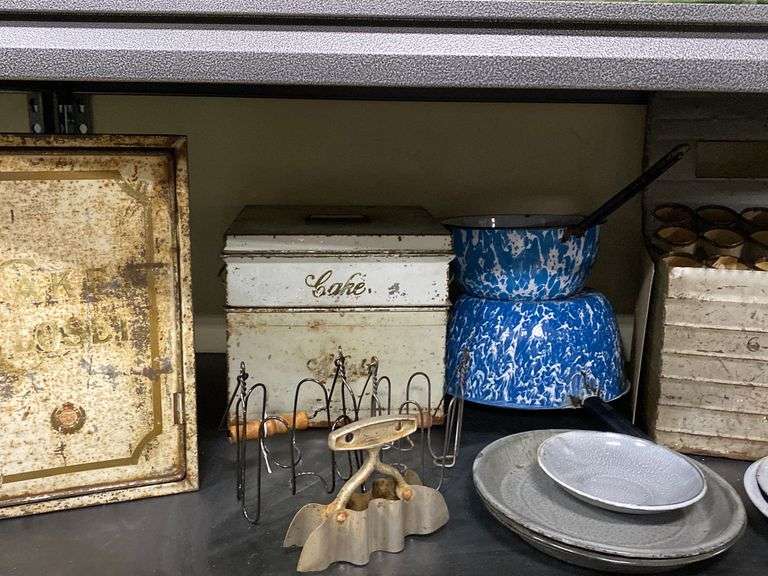 Primitive Lot, Egg Crate, Cake Closets, Enamelware Pans etc Dixon's