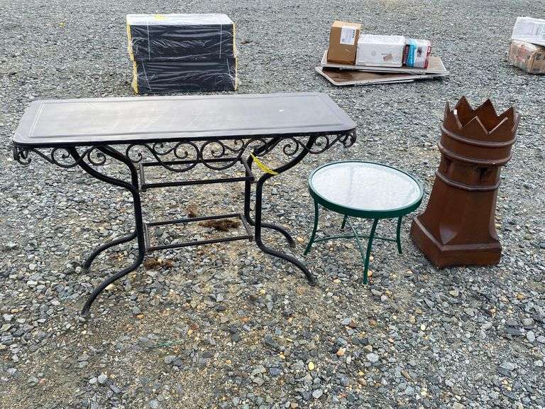 Metal outdoor table, Glass top table and chimney cap Dixon's Auction