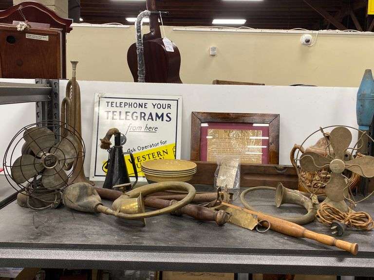 Antique Desk Fans, Brass Horn, Yellow Ware Bowl etc Dixon's Auction