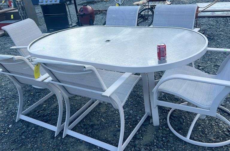 Outdoor metal glass top patio table +6 chairs Dixon's Auction at Crumpton