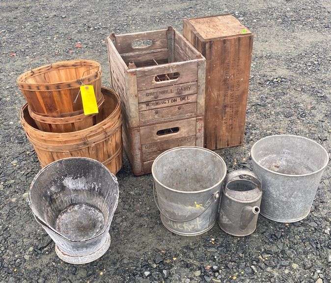 galvanized buckets and wooden crates lot Dixon's Auction at Crumpton