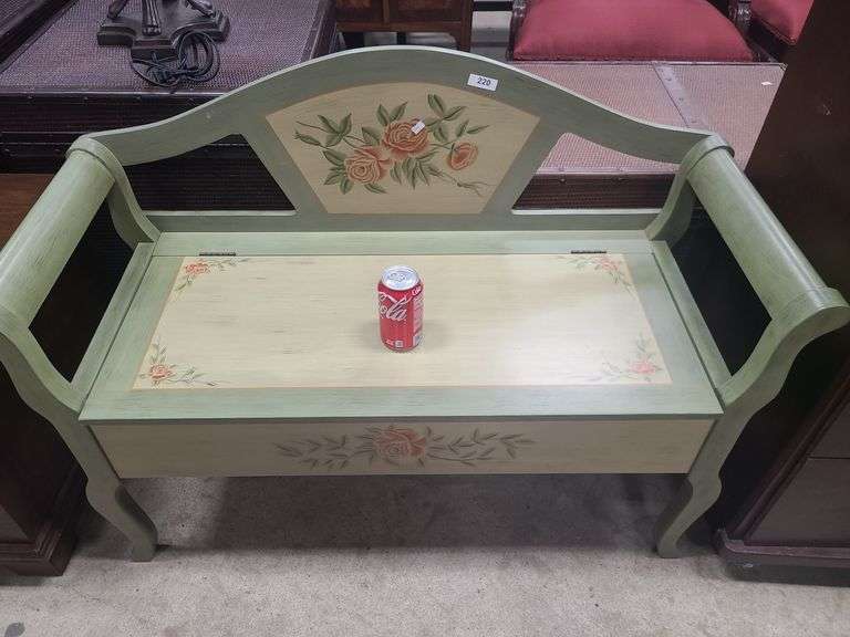 Modern floral painted storage bench, a few minor losses to paint