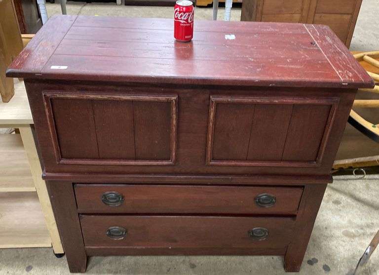 Modern farmhouse blanket chest over drawers, one hinge moved or missing