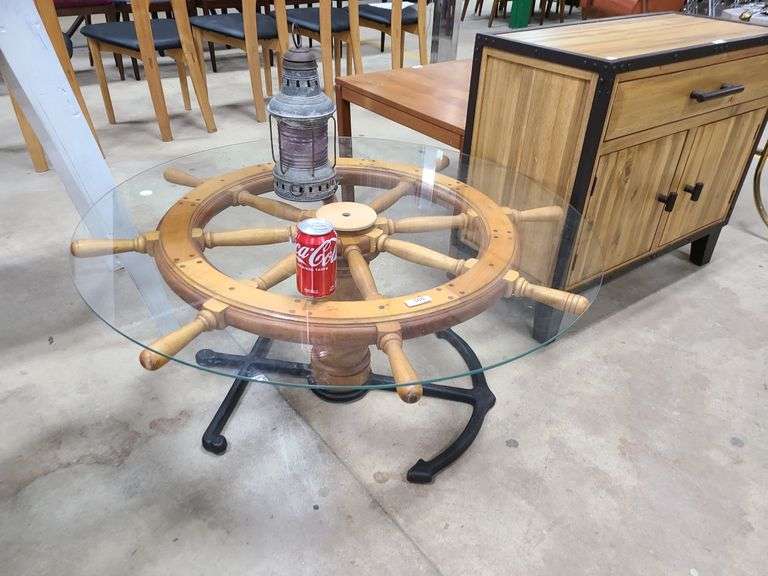 Nautical ship's wheel coffee table with glass top Dixon's Auction at Crumpton
