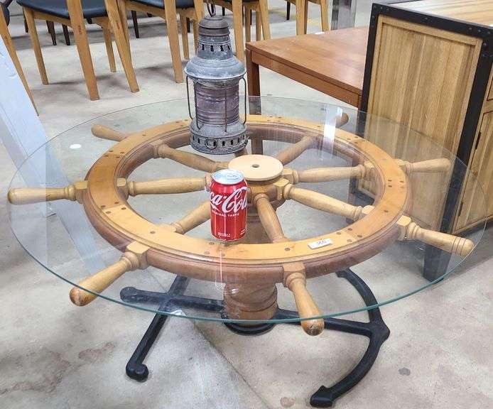 Nautical ship's wheel coffee table with glass top Dixon's Auction at