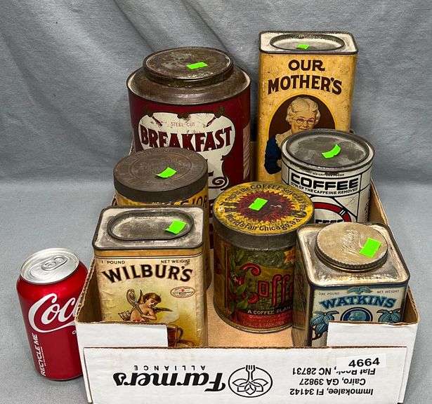 7 antique coffee & cocoa tins Dixon's Auction at Crumpton