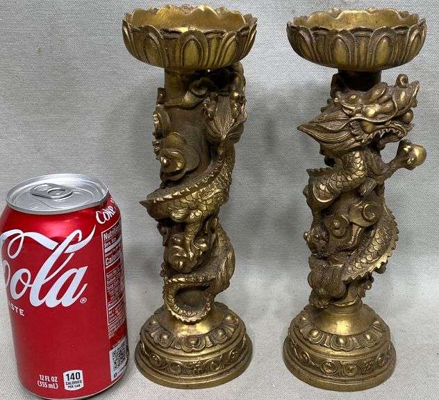Pair Asian bronze dragon candle holders Dixon's Auction at Crumpton