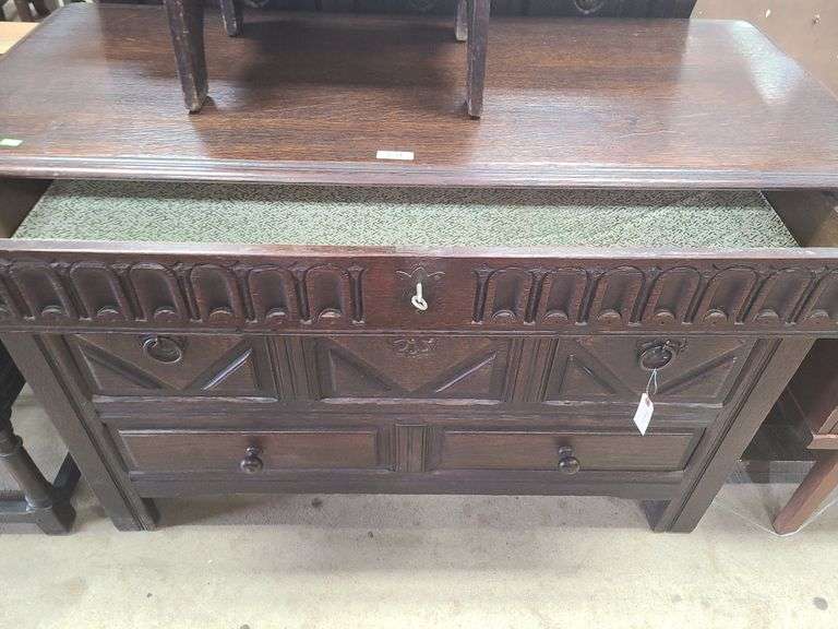 Antique Jacobeanstyle oak dresser, nightstand, headboard, footboard