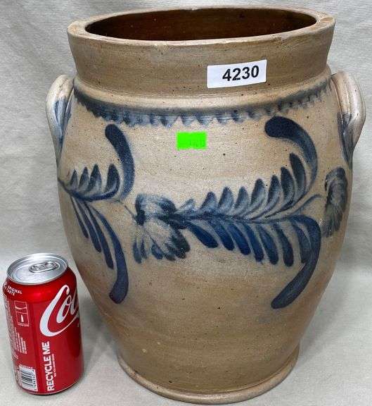 Antique blue decorated stoneware crockrestoration Dixon's Auction at