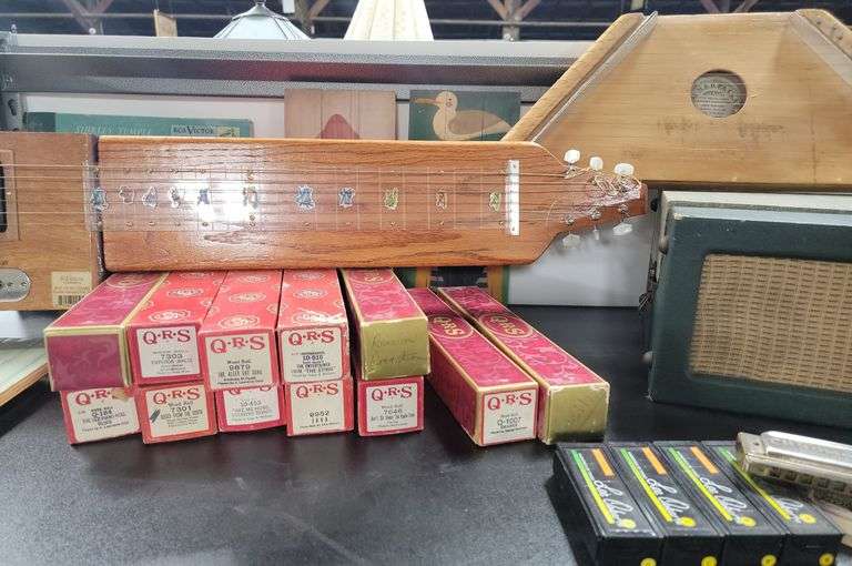 Lot Folk Art Cigar Box Lap Steel Guitar, Harmonicas, RCA Victor Record