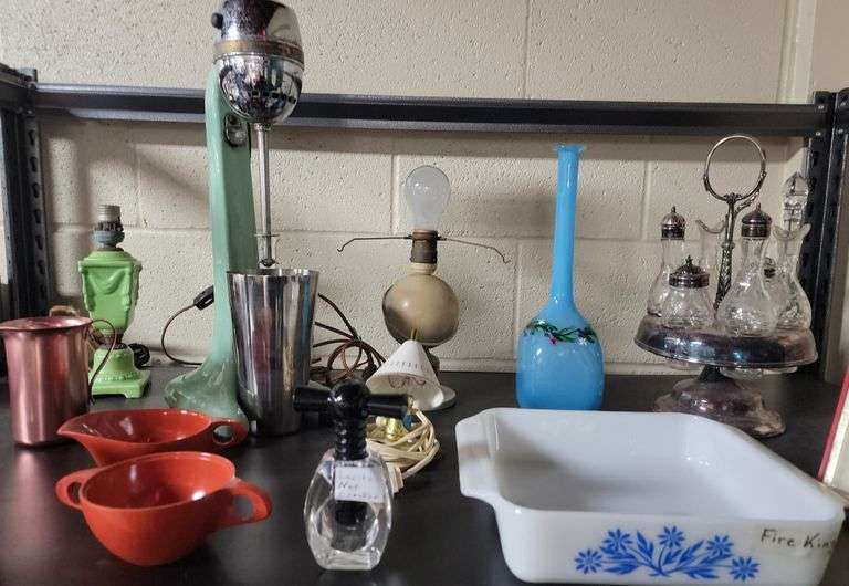 Antique Hamilton Beach Mixer, Antique Cruet Set, Lamps, Lucite Nut