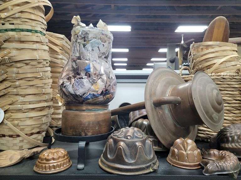 Lot Woven Baskets, Copper Food molds & Street Lamp Parts Dixon's