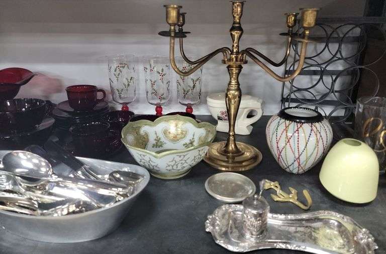 Lot Ruby Red Cups & Saucers, Plates & Compote + Flatware, Brass