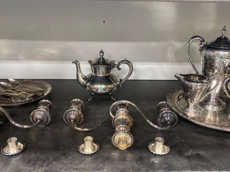 Lot Vintage Silverplate / Metal Serving Tray, Pitcher, Candelabra