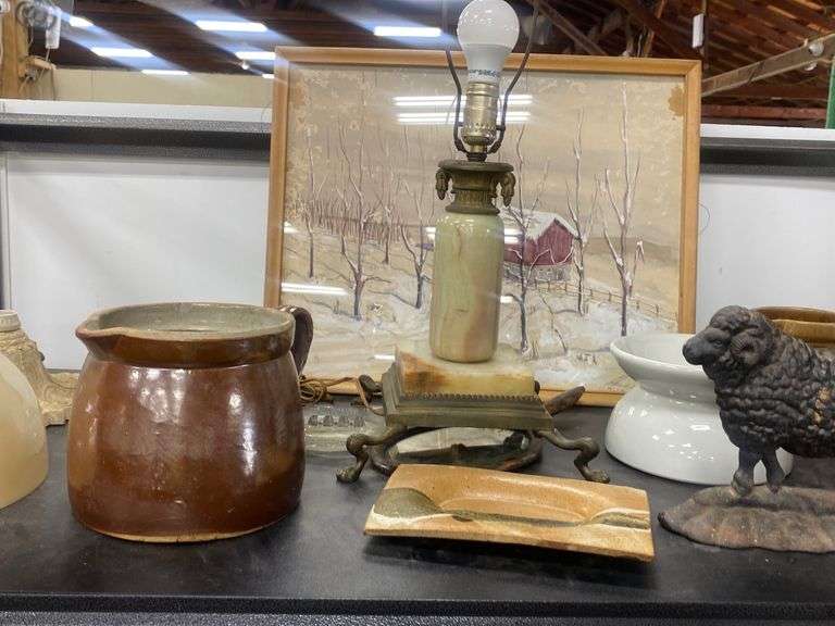 Lot Watercolor Painting, Stoneware Pitcher, Antique Glass Shades, Light