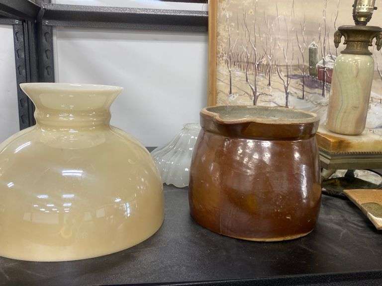 Lot Watercolor Painting, Stoneware Pitcher, Antique Glass Shades, Light