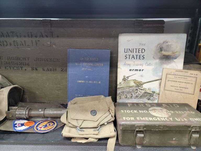 Lot Vintage Military Gear, Helmets, Trunk etc Dixon's Auction at Crumpton