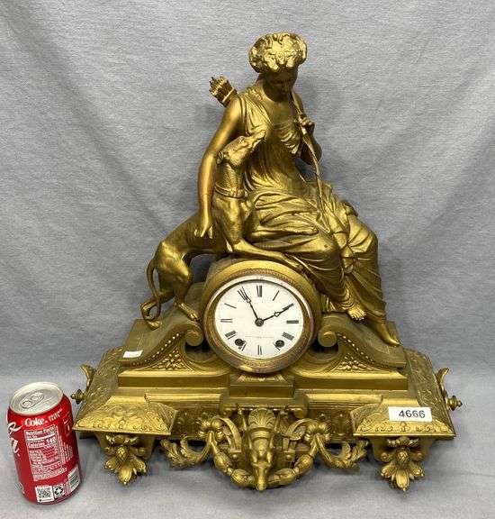 Seth Thomas Sons & Co patinated spelter mantle clock, repair to figure