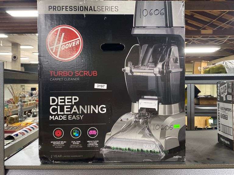 Hoover Turbo Scrub carpet cleaner, open box condition. Contents not