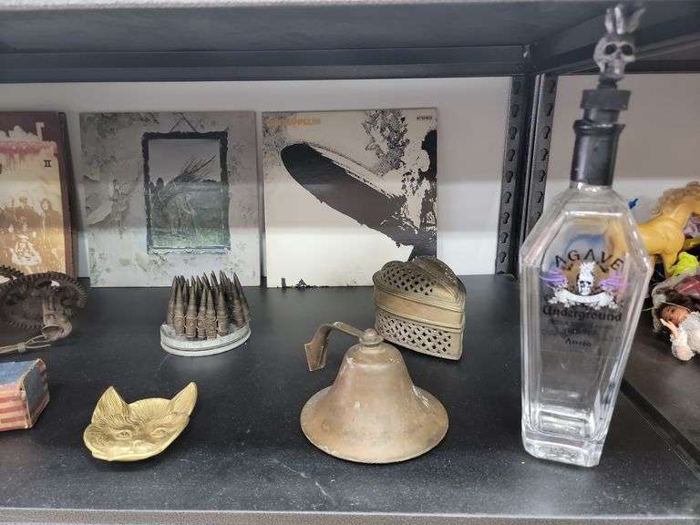 Lot Tequila Bottles, Vintage Led Zepplin Record Albums, Brass Bell etc