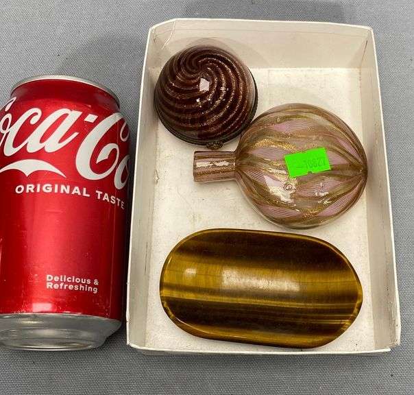 Antique gold fleck glass jewel box, scent bottle, + hardstone dish