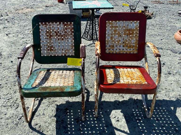 (2) Vintage metal lattice style patio chairs Dixon's Auction at Crumpton