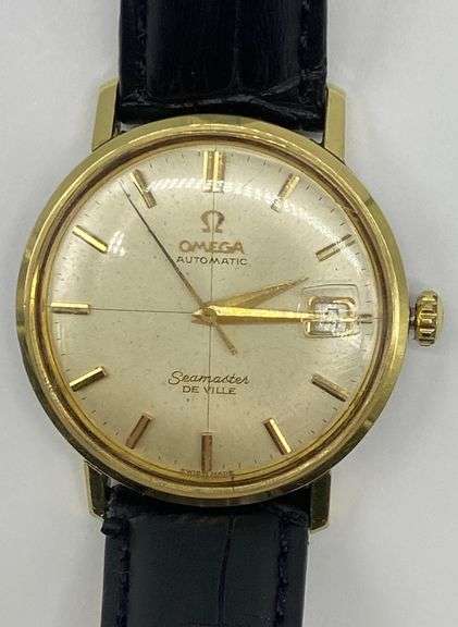 (RESERVED)1963 Omega Automatic Seamaster De Ville Date Model 166.020 in Solid 14ct Gold with omega box with Box