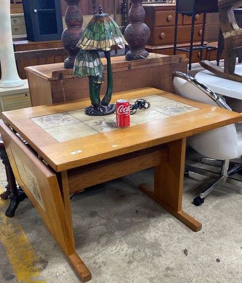 Mcm Tile Table MCM Tile Top Trestle Table With Drop Leaf - Dixon's Auction at Crumpton