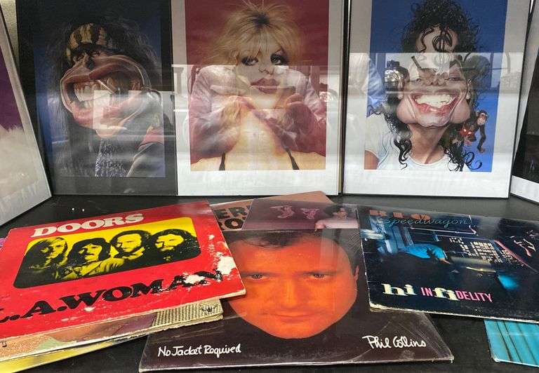 Lot Vintage Record Albums, Framed Musician Portrait Prints Dixon's