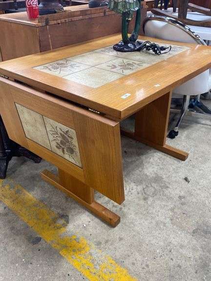 Mcm Tile Table MCM Tile Top Trestle Table With Drop Leaf - Dixon's Auction at Crumpton