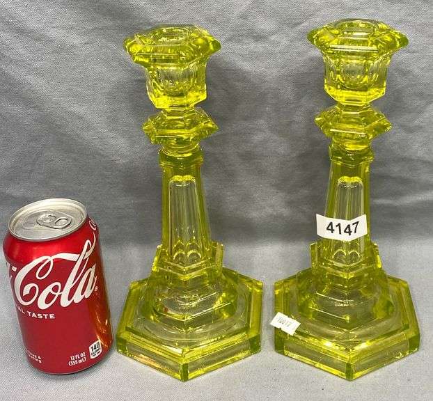 Pair Vaseline Glass Candlestick Holders Dixon's Auction at Crumpton