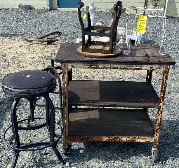 Lot Vintage Rolling Cart, Stools And Stool Bases, Plant Stand Etc