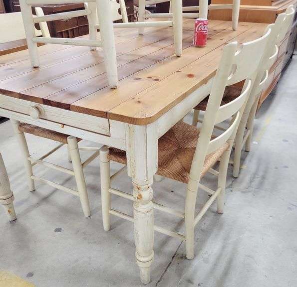 Ethan Allen Modern Farmhouse Scrub Top Farm Table And Six Ladderback