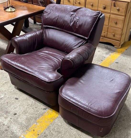 Leathercraft Inc. Maroon Leather Chair And Ottoman, Minor Wear And