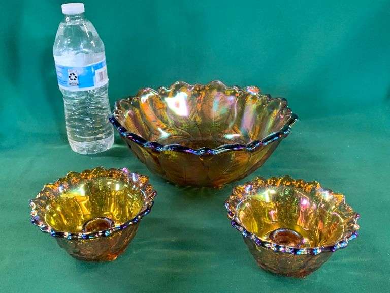 Vintage Ruffled Edge Iridescent Carnival Glass Footed Bowl & Candle