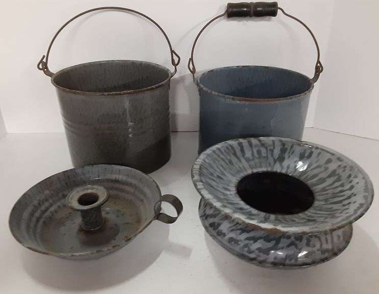 Assorted Enamel Ware Small Buckets, Spittoon, Candle Holder Delaware