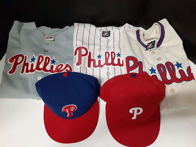 Assortment of Phillies Baseball Hats & Jersey's Delaware Auction Center