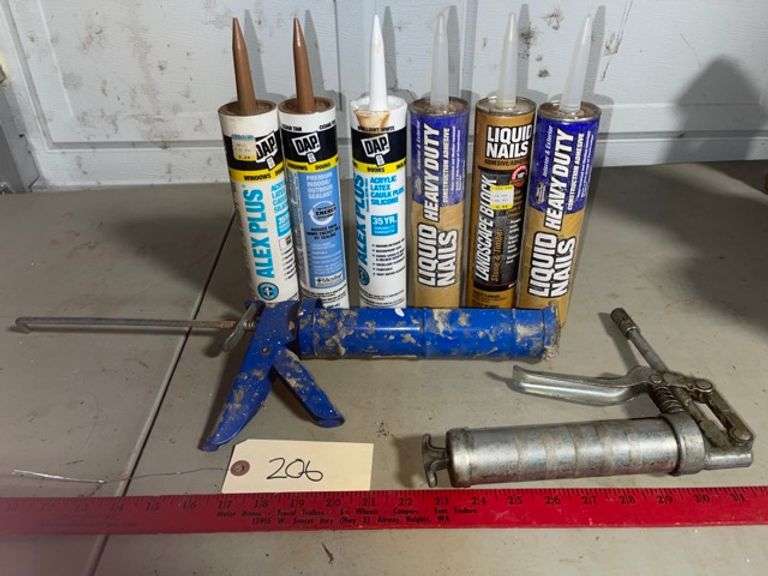 Liquid nails, silicone,caulk gun, grease gun • Garage Duck Soup Auctions