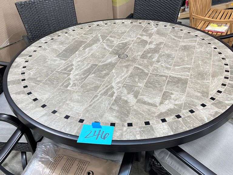 NEW ALL WEATHER WICKER TILE TOP COUNTER HEIGHT PATIO TABLE & 6 CHAIRS Earl's Auction Company