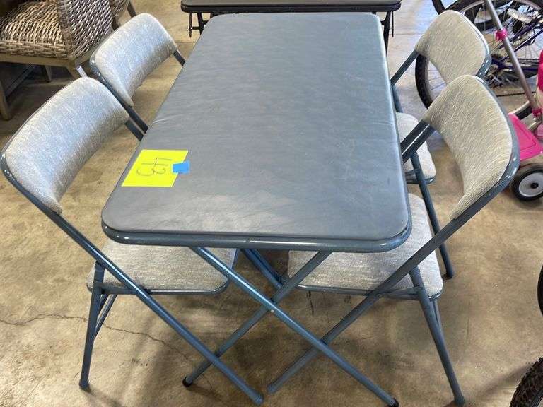 BLUE FOLDING CARD TABLE + 4 FOLDING CHAIRS Earl's Auction Company