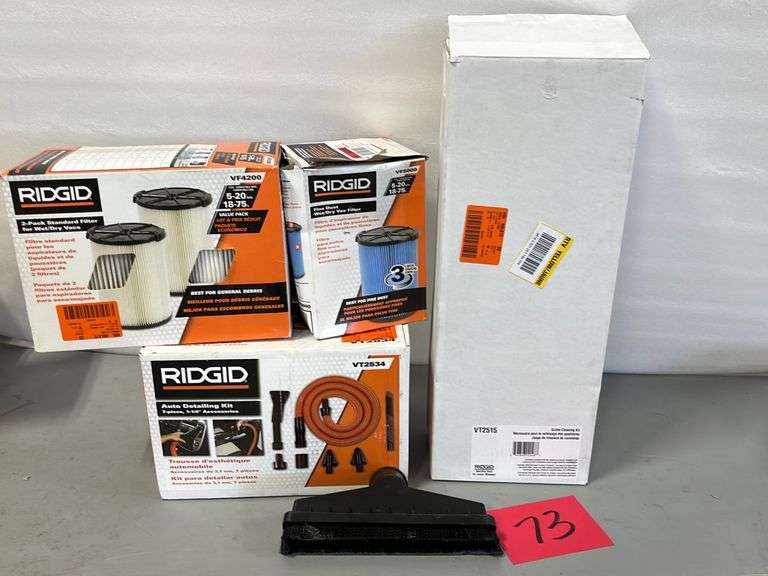4PC RIDGID LOT VACUUM FILTERS, AUTO DETAILING KIT & GUTTER CLEANING KIT IN BOXES Earl's