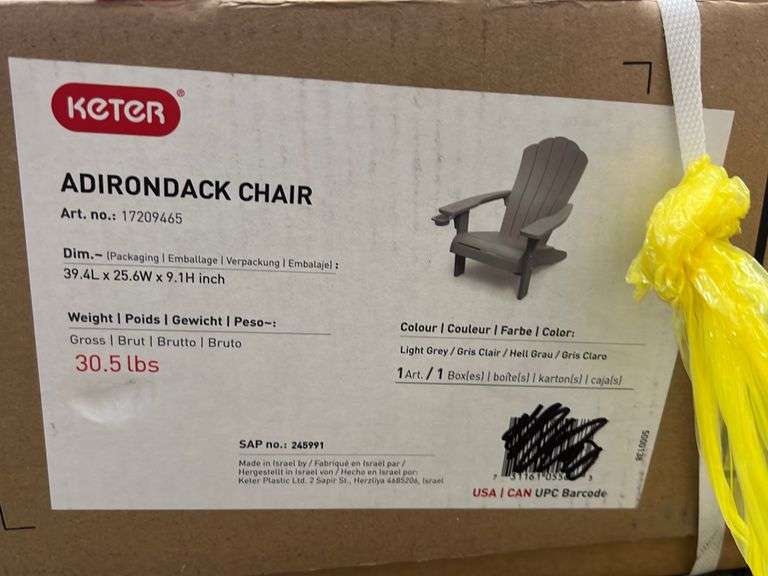 GREY KETER ADIRONDACK CHAIR IN BOX Earl's Auction Company