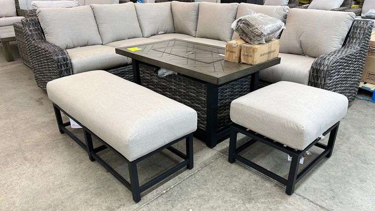 NEW 7PC SUNBRELLA PATIO FIRE PIT SECTIONAL SET - Earl's Auction Company