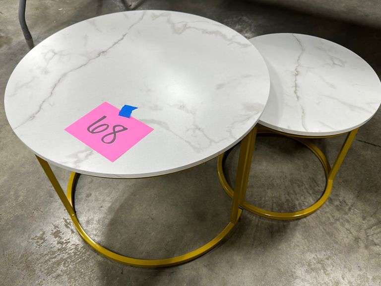 2PC NESTING FAUX MARBLE W/ GOLD BASE SIDE TABLES Earl's Auction Company