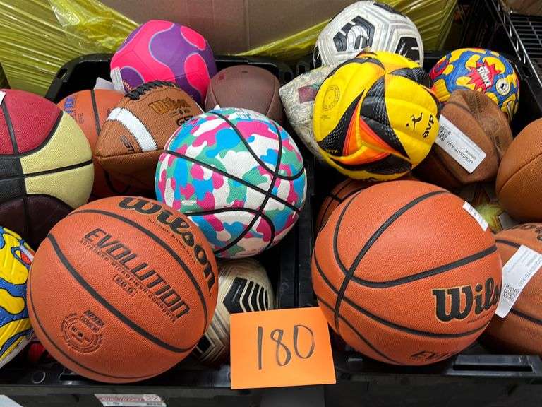 LOT OF ASSORTED BASKETBALLS, FOOTBALLS & SOCCER BALLS Earl's Auction