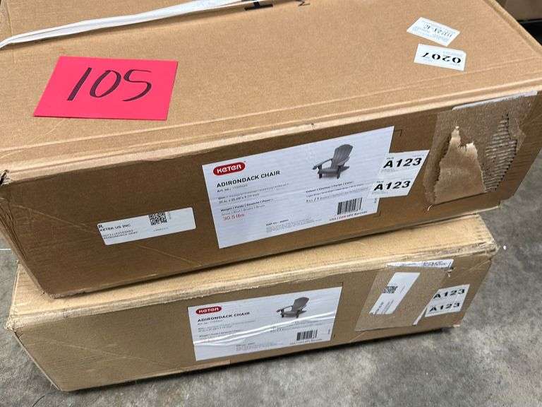 (2) KETER ADIRONDACK CHAIRS IN BOX GREY Earl's Auction Company