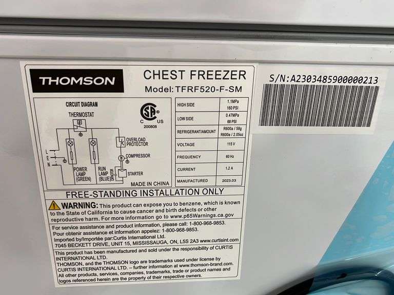 THOMSON 5.0CU FT WHITE CHEST FREEZER Earl's Auction Company