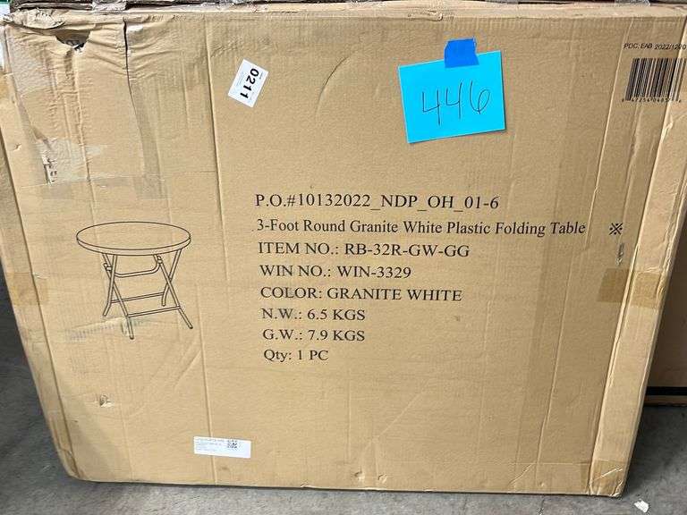 3FT ROUND WHITE PLASTIC FOLDING TABLE IN BOX Earl s Auction Company 3ft-round-white-plastic-folding-table-in-box-earl-s-auction-company