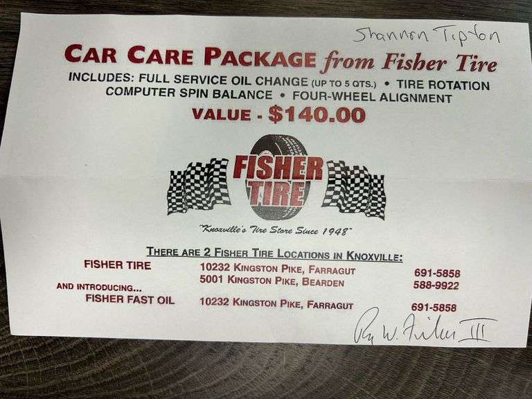 FISHER TIRE CAR CARE PACKAGE EK Auctioneers LLC